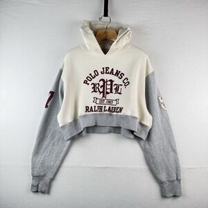 Vtg Polo Jeans Co Ralph Lauren Hoodie Cream Maroon Men's Large Cropped to 17"